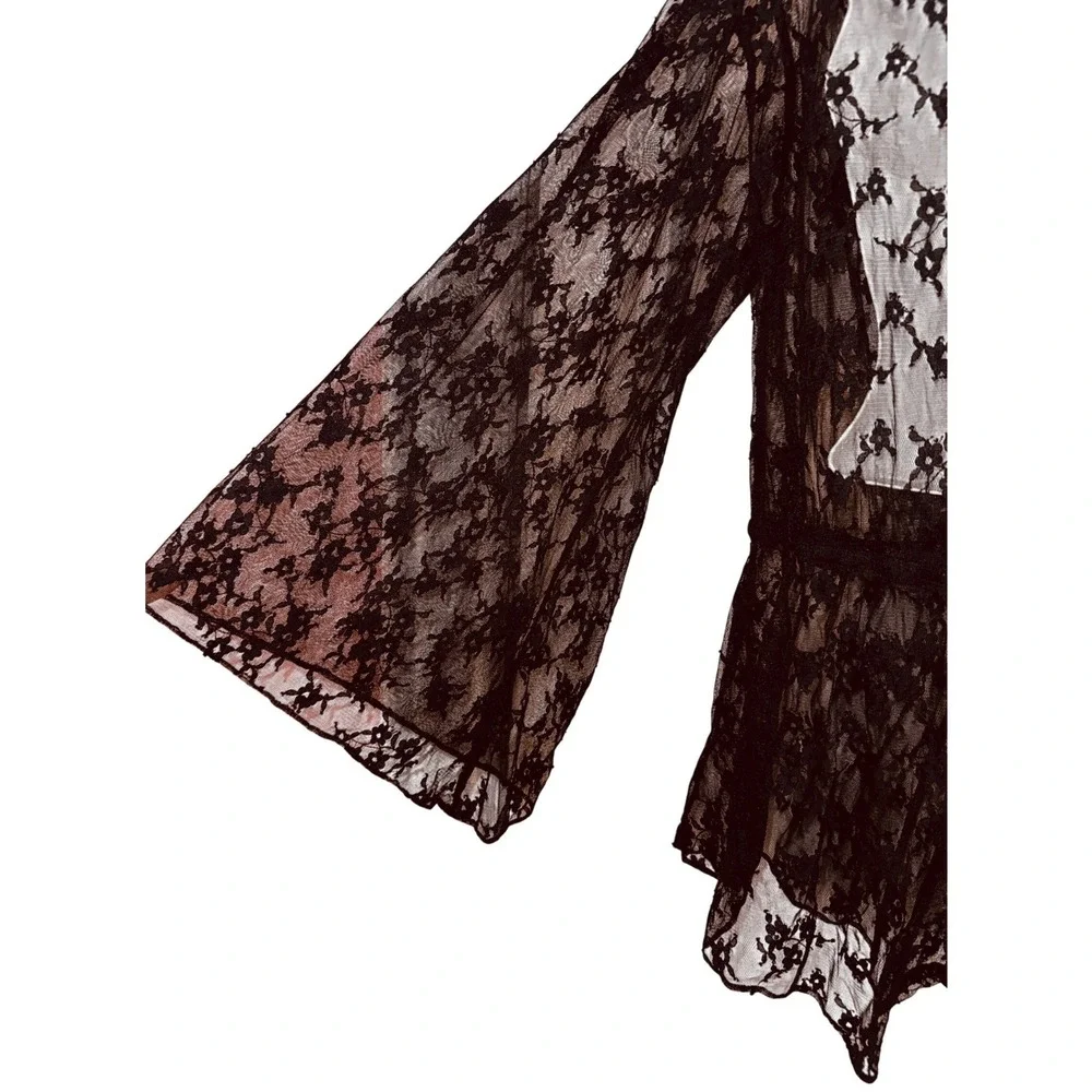 Sexy Vintage Black Sheer Floral Lace Shorts Romper Whimsygoth Medium Vamp Boho - Picture 4 of 5